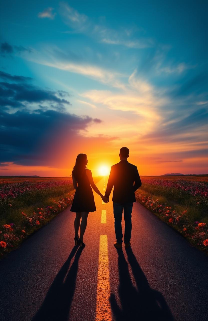 A beautiful scene depicting two shadows, one of a woman and one of a man, standing on a long road facing away from each other at sunset