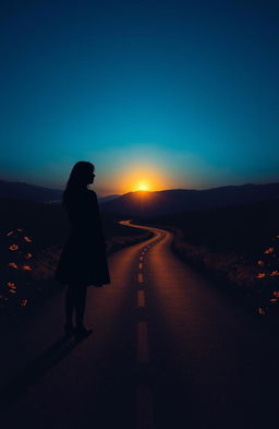 A serene evening scene depicting a woman and a man as shadows standing on a long, winding road, each facing away from the other