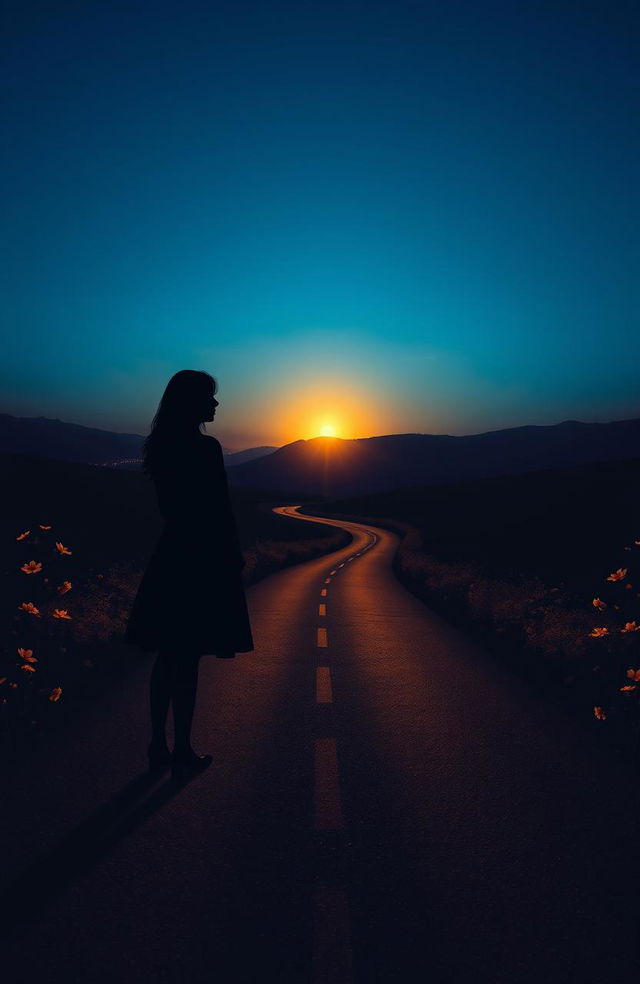 A serene evening scene depicting a woman and a man as shadows standing on a long, winding road, each facing away from the other