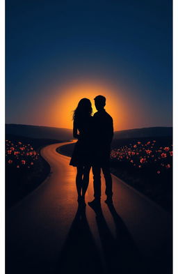 A serene evening scene depicting a woman and a man as shadows standing on a long, winding road, each facing away from the other