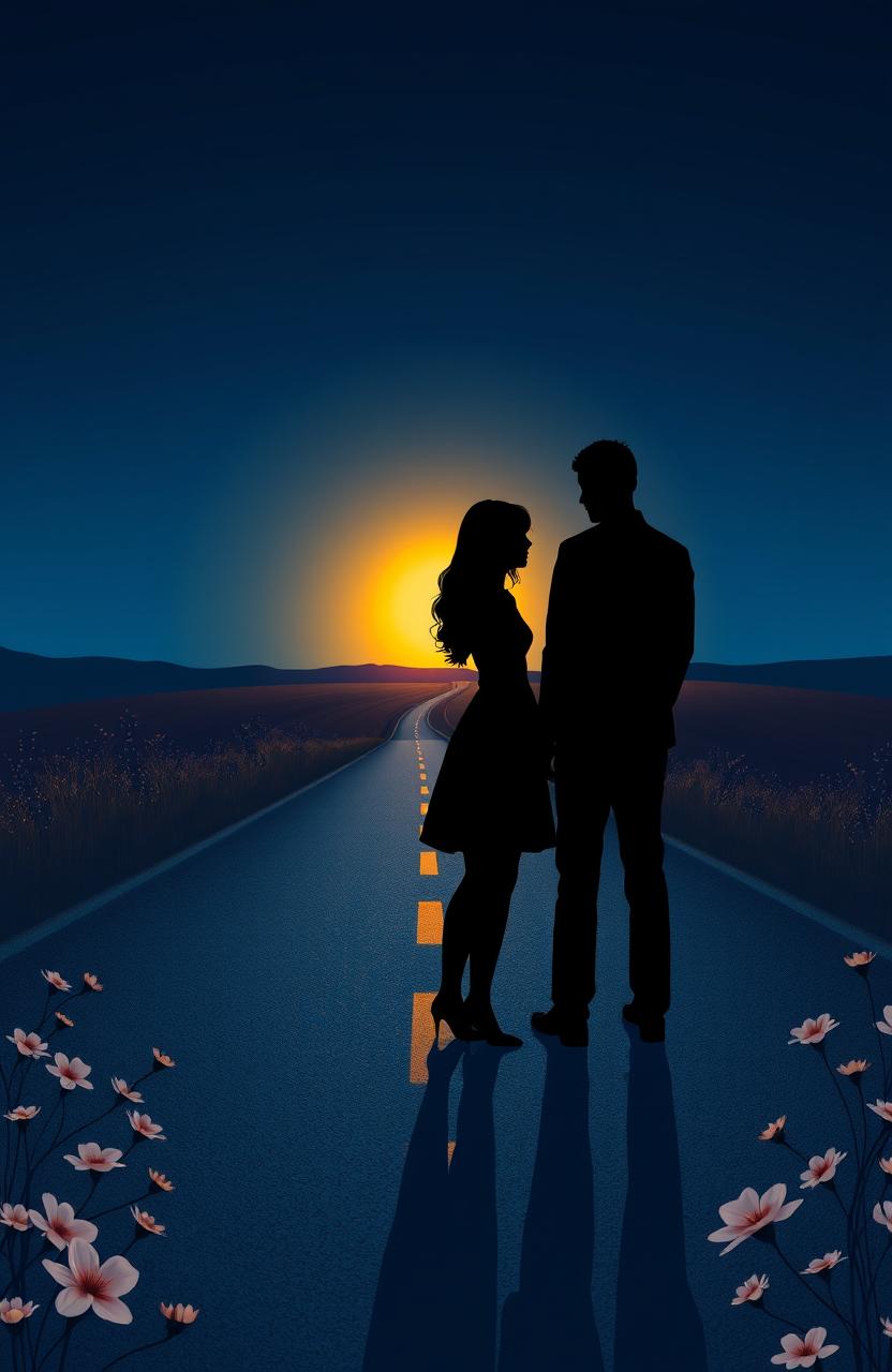 A serene evening scene depicting a woman and a man as shadows standing on a long, winding road, each facing away from the other