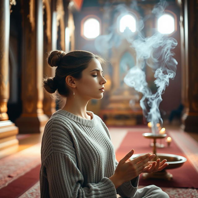 A serene scene featuring a young, beautiful Russian woman, around 35 years old, experiencing a spiritual moment in a Theravada Buddhist temple during a vipassana meditation session