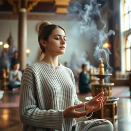 A serene scene featuring a young, beautiful Russian woman, around 35 years old, experiencing a spiritual moment in a Theravada Buddhist temple during a vipassana meditation session