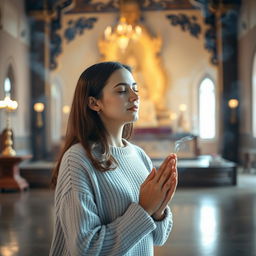 A serene scene featuring a young, beautiful Russian woman, around 35 years old, experiencing a spiritual moment in a Theravada Buddhist temple during a vipassana meditation session