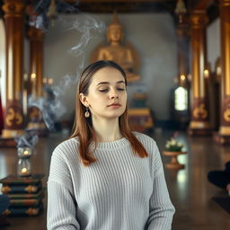 A serene scene featuring a young, beautiful Russian woman, around 35 years old, experiencing a spiritual moment in a Theravada Buddhist temple during a vipassana meditation session