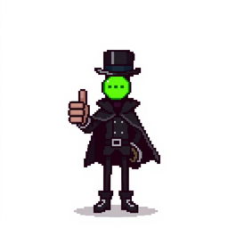A character in a pixel art style, dressed in a stylish black outfit with a cloak and a top hat, giving a thumbs-up gesture