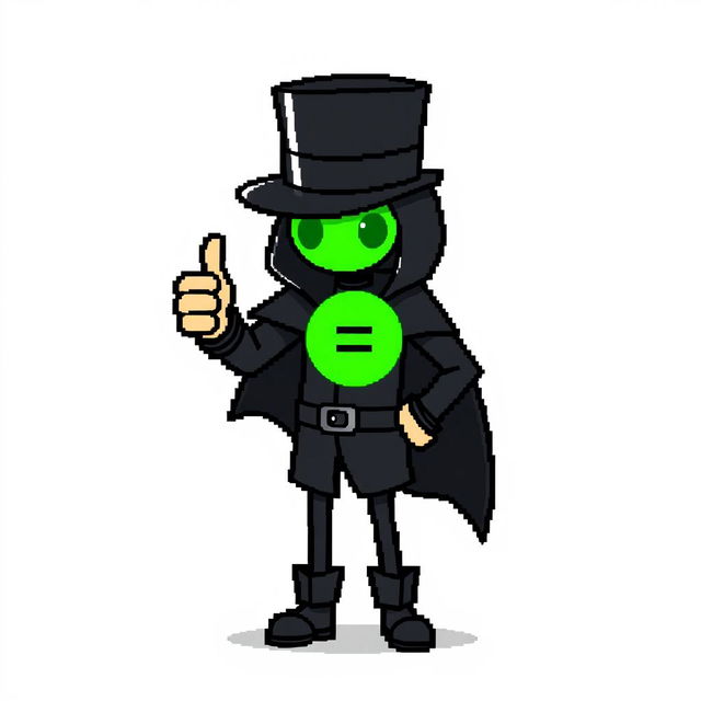 A character in a pixel art style, dressed in a stylish black outfit with a cloak and a top hat, giving a thumbs-up gesture