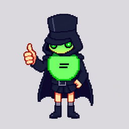 A character in a pixel art style, dressed in a stylish black outfit with a cloak and a top hat, giving a thumbs-up gesture