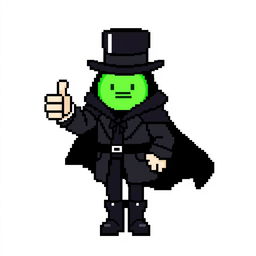 A character in a pixel art style, dressed in a stylish black outfit with a cloak and a top hat, giving a thumbs-up gesture