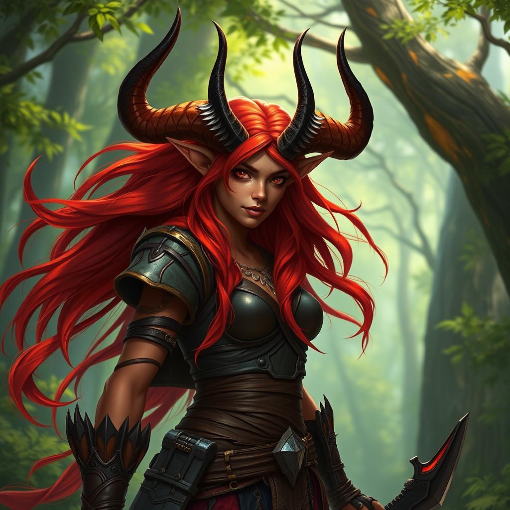 An epic and stunning female tiefling ranger named Ember, showcasing her fiery red skin, long flowing hair, and striking splitting horns