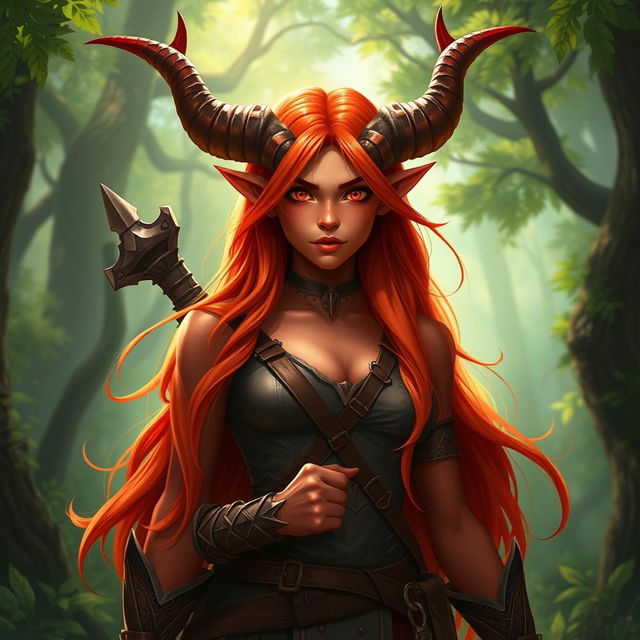 An epic and stunning female tiefling ranger named Ember, showcasing her fiery red skin, long flowing hair, and striking splitting horns