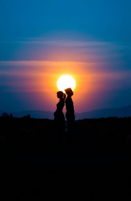 A captivating scene featuring the silhouettes of a woman and a man standing on a long road, positioned back-to-back, facing away from each other