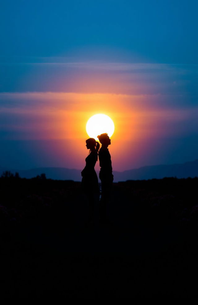 A captivating scene featuring the silhouettes of a woman and a man standing on a long road, positioned back-to-back, facing away from each other