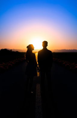A captivating scene featuring the silhouettes of a woman and a man standing on a long road, positioned back-to-back, facing away from each other