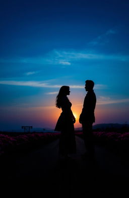 A captivating scene featuring the silhouettes of a woman and a man standing on a long road, positioned back-to-back, facing away from each other