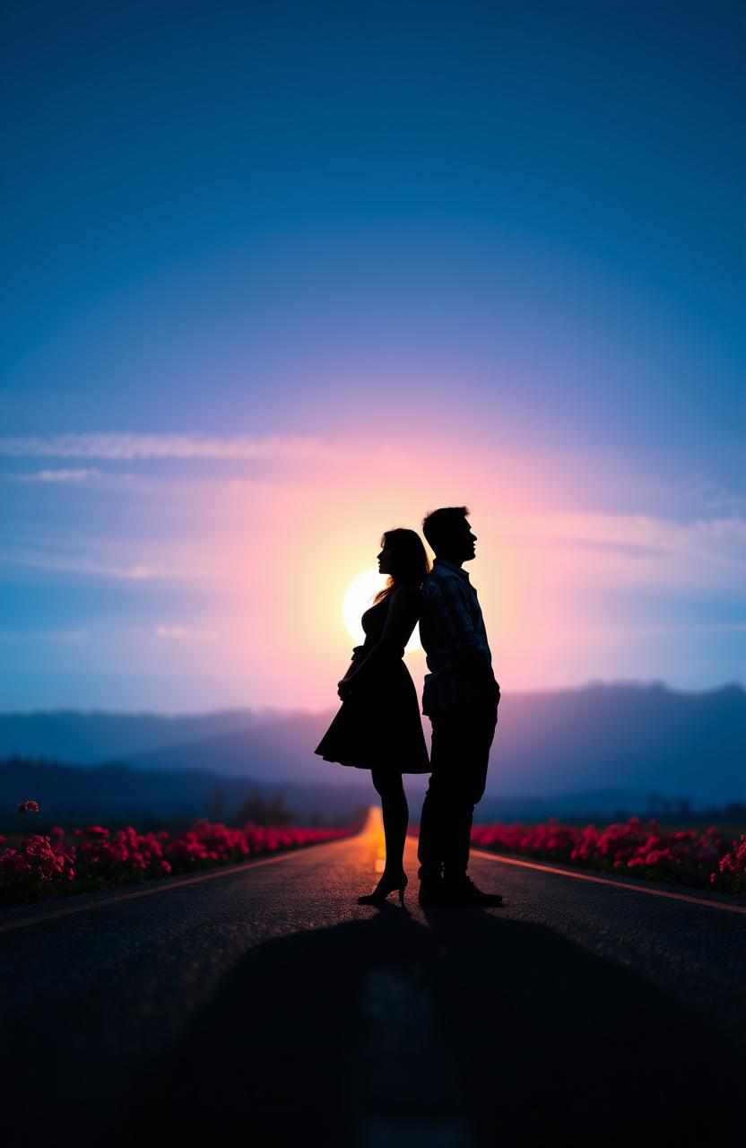 A captivating scene featuring the silhouettes of a woman and a man standing on a long road, positioned back-to-back, facing away from each other