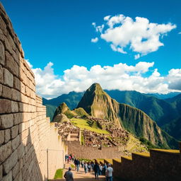 An awe-inspiring view of Inca architectural structures, prominently featuring Machu Picchu set against the backdrop of lush green mountains