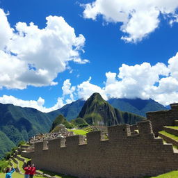 An awe-inspiring view of Inca architectural structures, prominently featuring Machu Picchu set against the backdrop of lush green mountains