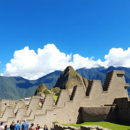 An awe-inspiring view of Inca architectural structures, prominently featuring Machu Picchu set against the backdrop of lush green mountains
