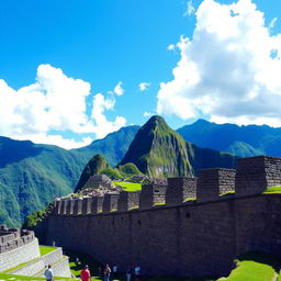 An awe-inspiring view of Inca architectural structures, prominently featuring Machu Picchu set against the backdrop of lush green mountains