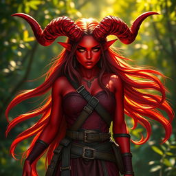 A fiery and stunning female tiefling ranger with radiant red skin and prominent splitting horns