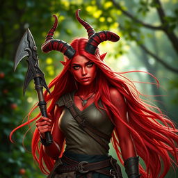 A fiery and stunning female tiefling ranger with radiant red skin and prominent splitting horns