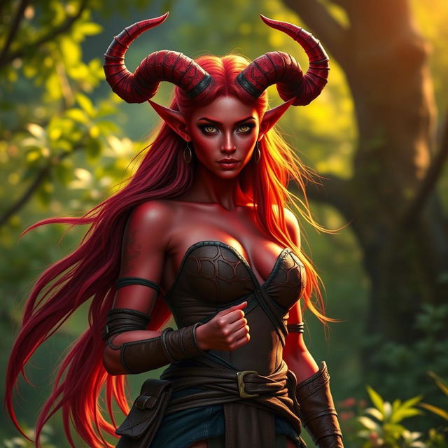 A fiery and stunning female tiefling ranger with radiant red skin and prominent splitting horns