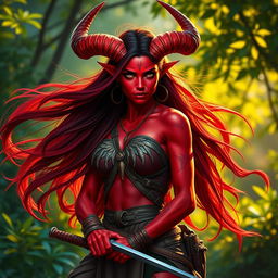 A fiery and stunning female tiefling ranger with radiant red skin and prominent splitting horns