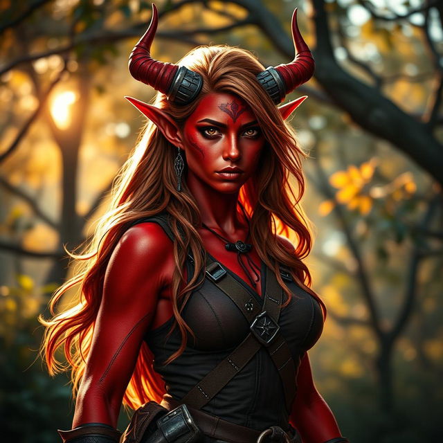 A fiery and stunning female tiefling ranger showcasing her striking red skin, with a captivating and confident posture