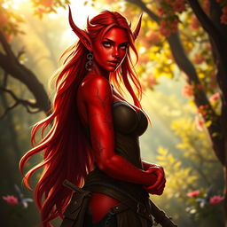 A fiery and stunning female tiefling ranger showcasing her striking red skin, with a captivating and confident posture