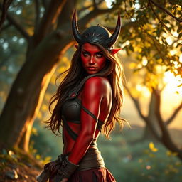 A fiery and stunning female tiefling ranger showcasing her striking red skin, with a captivating and confident posture