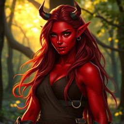 A fiery and stunning female tiefling ranger showcasing her striking red skin, with a captivating and confident posture