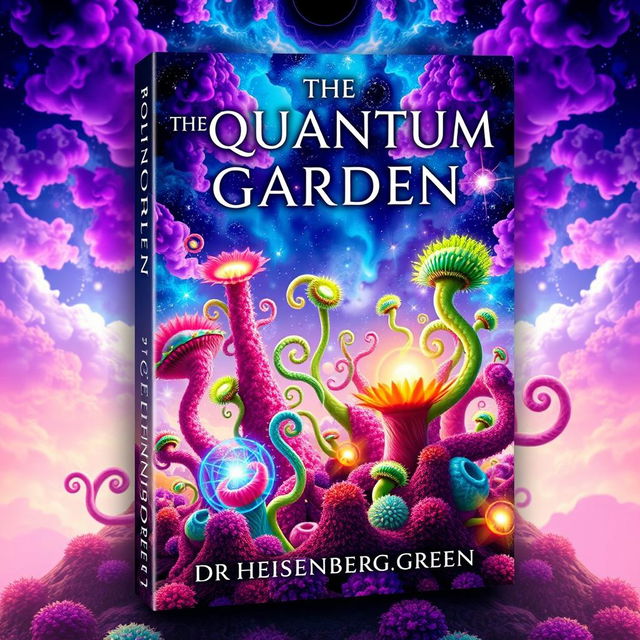 A fantastical book cover design for "The Quantum Garden" by Dr