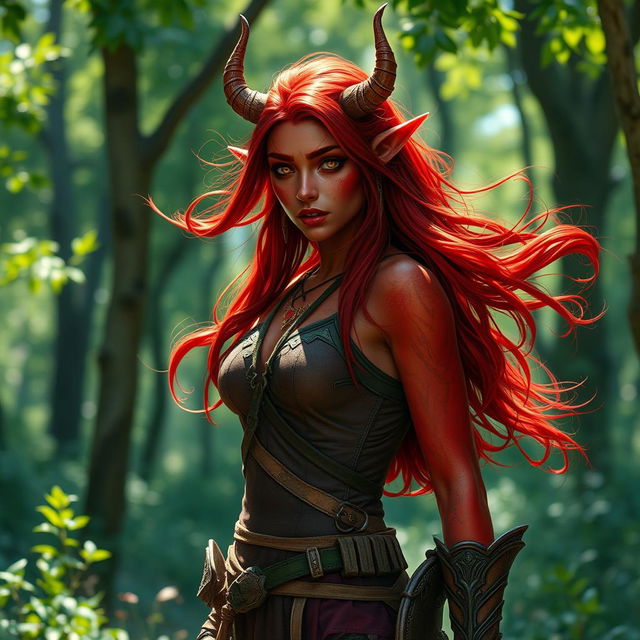 A fiery, enchanting, and seductive female tiefling ranger with radiant red skin, standing confidently in a captivating forest