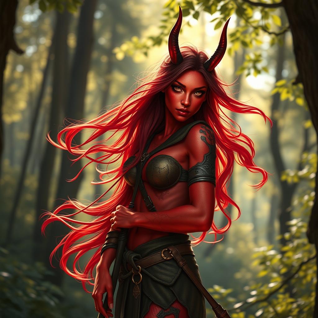 A fiery, enchanting, and seductive female tiefling ranger with radiant red skin, standing confidently in a captivating forest