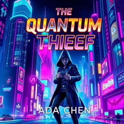 A vibrant book cover design for 'The Quantum Thief' by Ada Chen