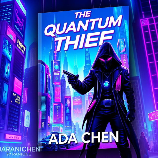 A vibrant book cover design for 'The Quantum Thief' by Ada Chen