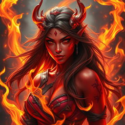 A fiery and seductive female tiefling ranger with striking red skin, surrounded by flickering flames that dance around her in an enchanting manner