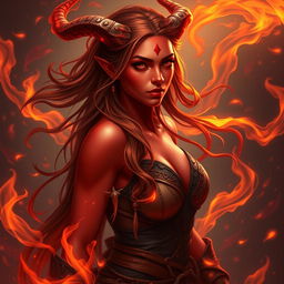 A fiery and seductive female tiefling ranger with striking red skin, surrounded by flickering flames that dance around her in an enchanting manner
