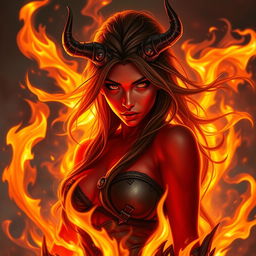 A fiery and seductive female tiefling ranger with striking red skin, surrounded by flickering flames that dance around her in an enchanting manner