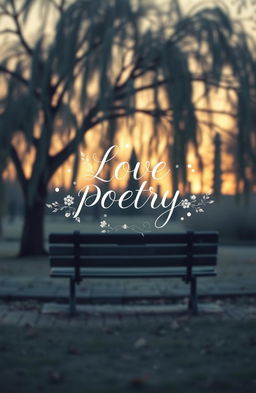 A beautifully melancholic poster design for a love poetry book, featuring an elegant, soft color palette of muted blues and warm greys