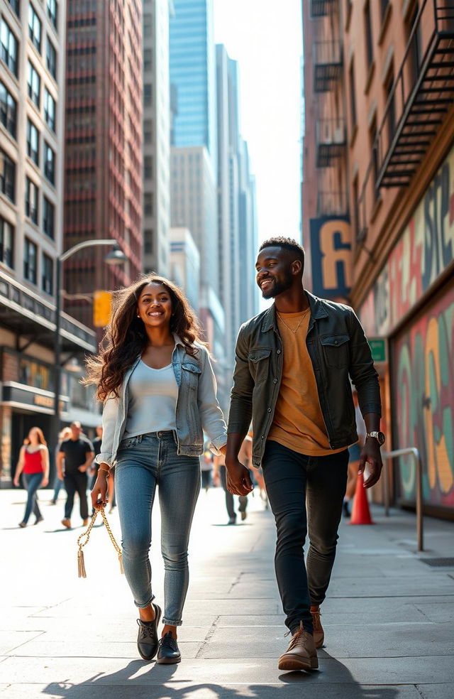 A romantic scene of a young black woman and man, both teenagers, walking hand in hand down a bustling New York City street