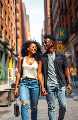 A romantic scene of a young black woman and man, both teenagers, walking hand in hand down a bustling New York City street