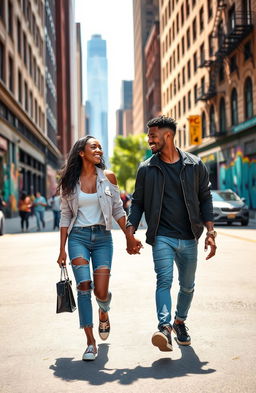 A romantic scene of a young black woman and man, both teenagers, walking hand in hand down a bustling New York City street