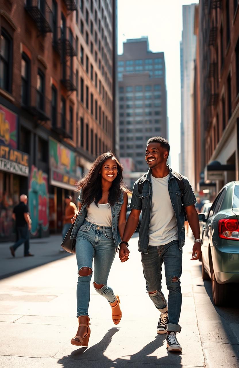 A romantic scene of a young black woman and man, both teenagers, walking hand in hand down a bustling New York City street