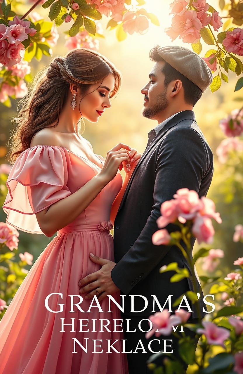 A romantic story titled 'Grandma's Heirloom Necklace', featuring a couple deeply in love, surrounded by a scenic background of a peaceful and lush garden