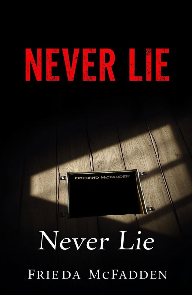 A book cover design for 'Never Lie' by Freida McFadden, featuring an old, worn wooden floor with a loose floorboard