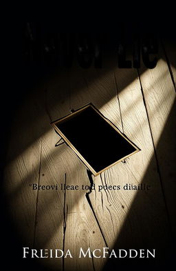A book cover design for 'Never Lie' by Freida McFadden, featuring an old, worn wooden floor with a loose floorboard