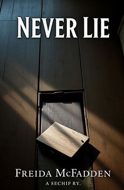 A book cover design for 'Never Lie' by Freida McFadden, featuring an old, worn wooden floor with a loose floorboard