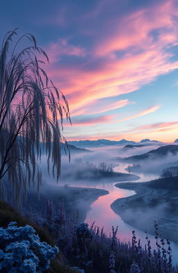 A surreal and emotional landscape that captures the essence of sadness and beauty, featuring a twilight sky with hues of deep blue and soft violet